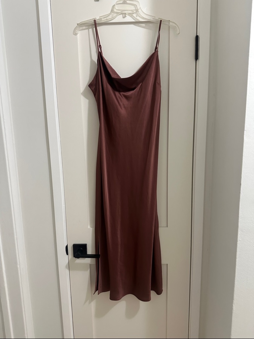 Express Satin Slip Midi Dress in a Brown Mauve color